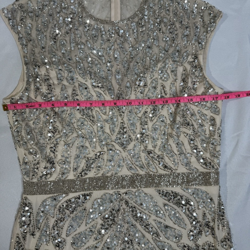 Mac Duggal Nude Silver Illusion Sheer Cap Sleeve Bead Sequin Belted Modest 5532 - Picture 14 of 16